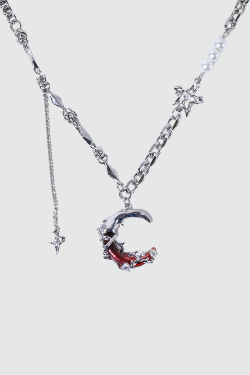 Silver-plated red crescent moon necklace with synthetic pearls and zirconia diamonds