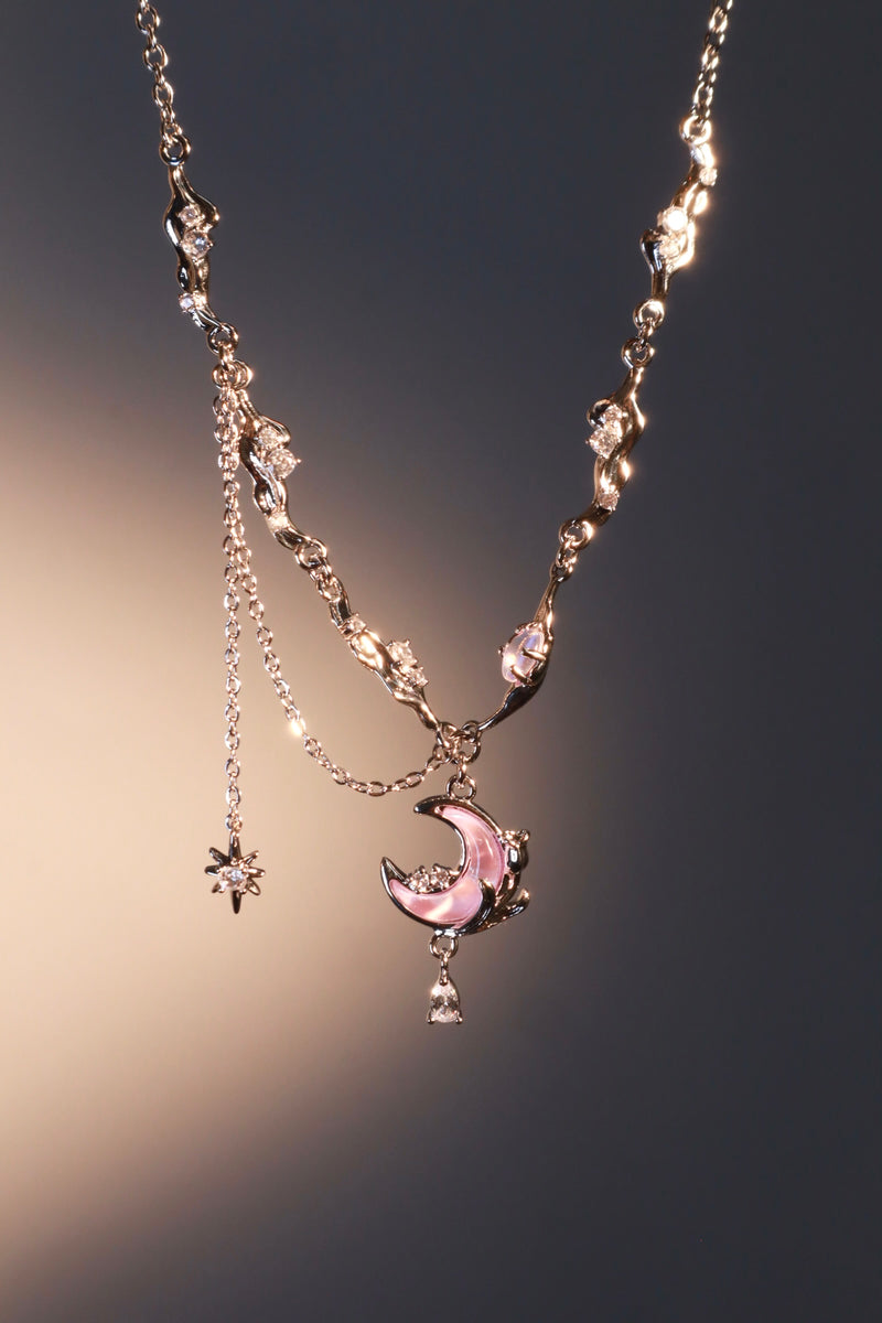 Palladium white gold plated rose moon necklace with glowing moonstone and zirconia diamonds
