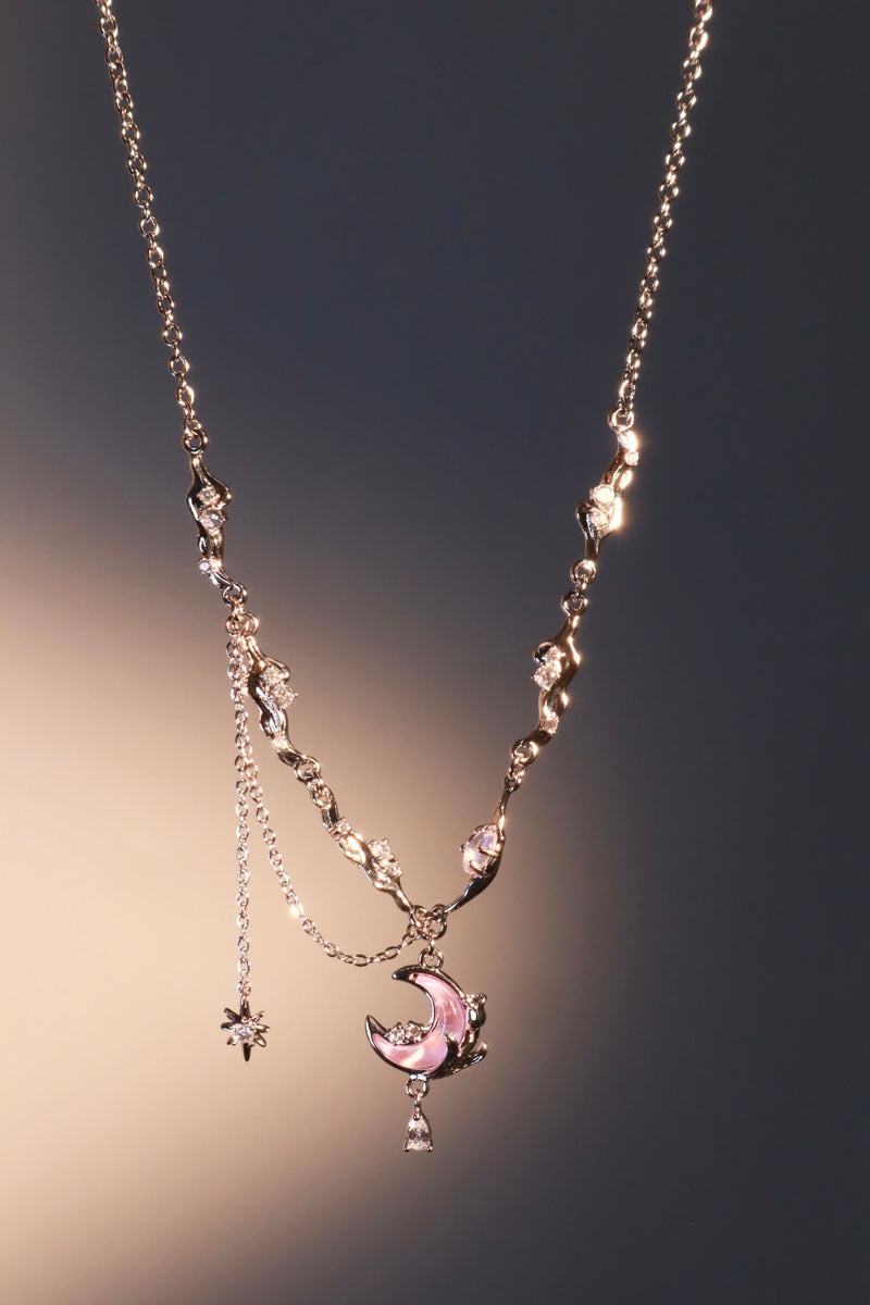 Palladium white gold plated rose moon necklace with glowing moonstone and zirconia diamonds