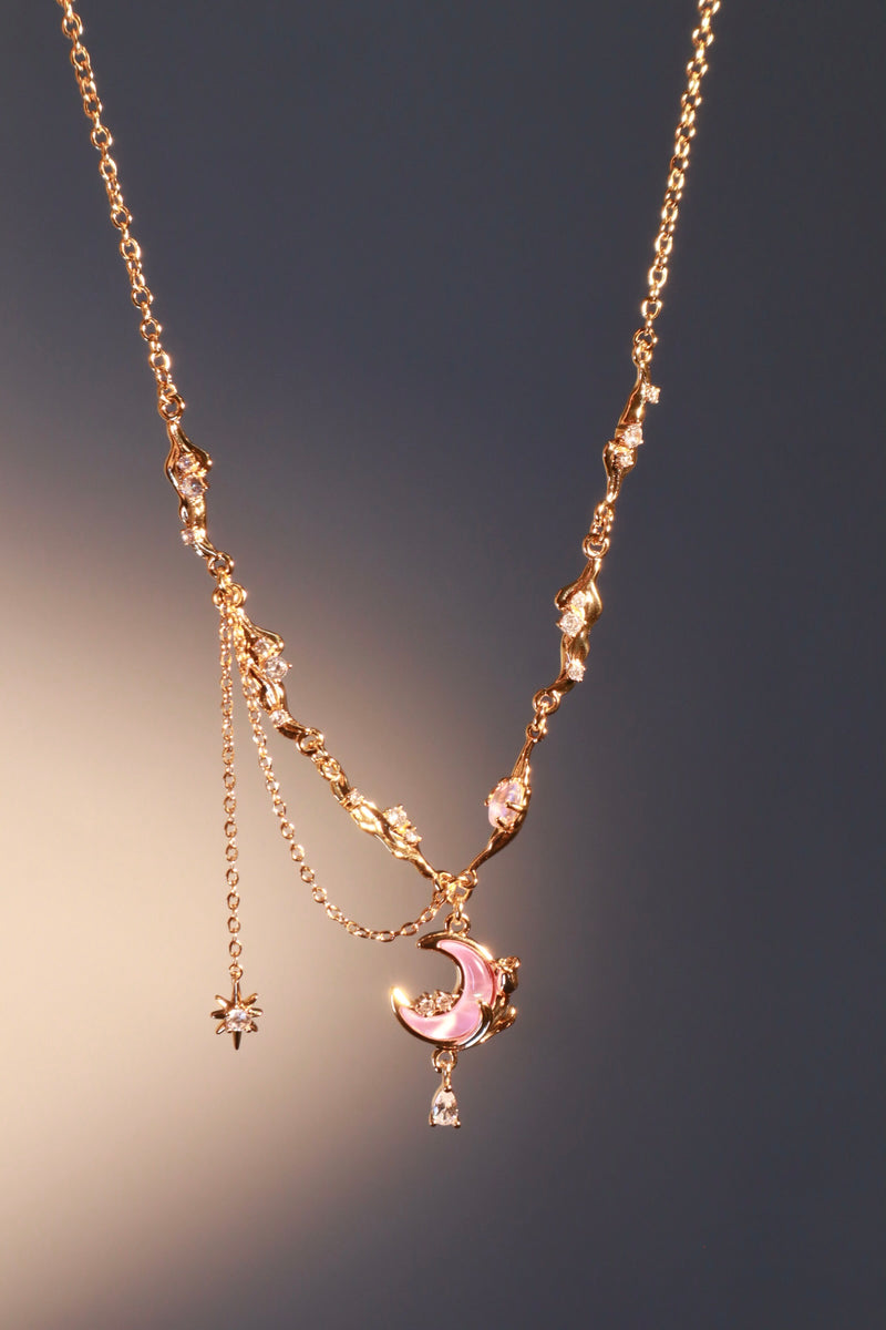 18K gold-plated rose moon necklace with glowing moonstone and zirconia diamonds