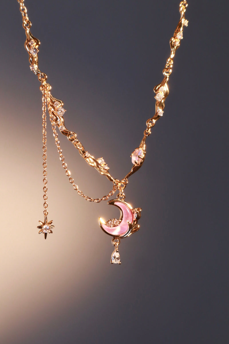 18K gold-plated rose moon necklace with glowing moonstone and zirconia diamonds