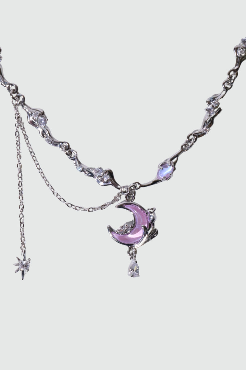 Palladium white gold plated rose moon necklace with glowing moonstone and zirconia diamonds