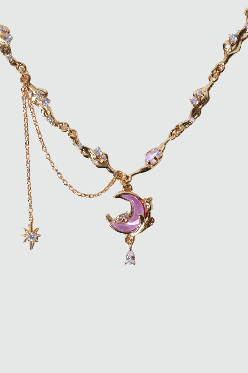 18K gold-plated rose moon necklace with glowing moonstone and zirconia diamonds