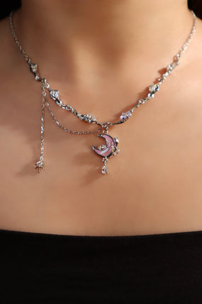 Palladium White Gold Plated Sparkle Rose Moon Necklace