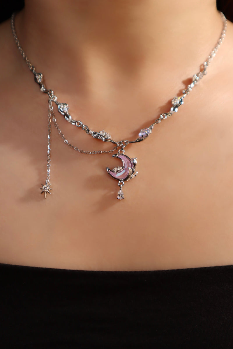 Palladium white gold plated rose moon necklace with glowing moonstone and zirconia diamonds