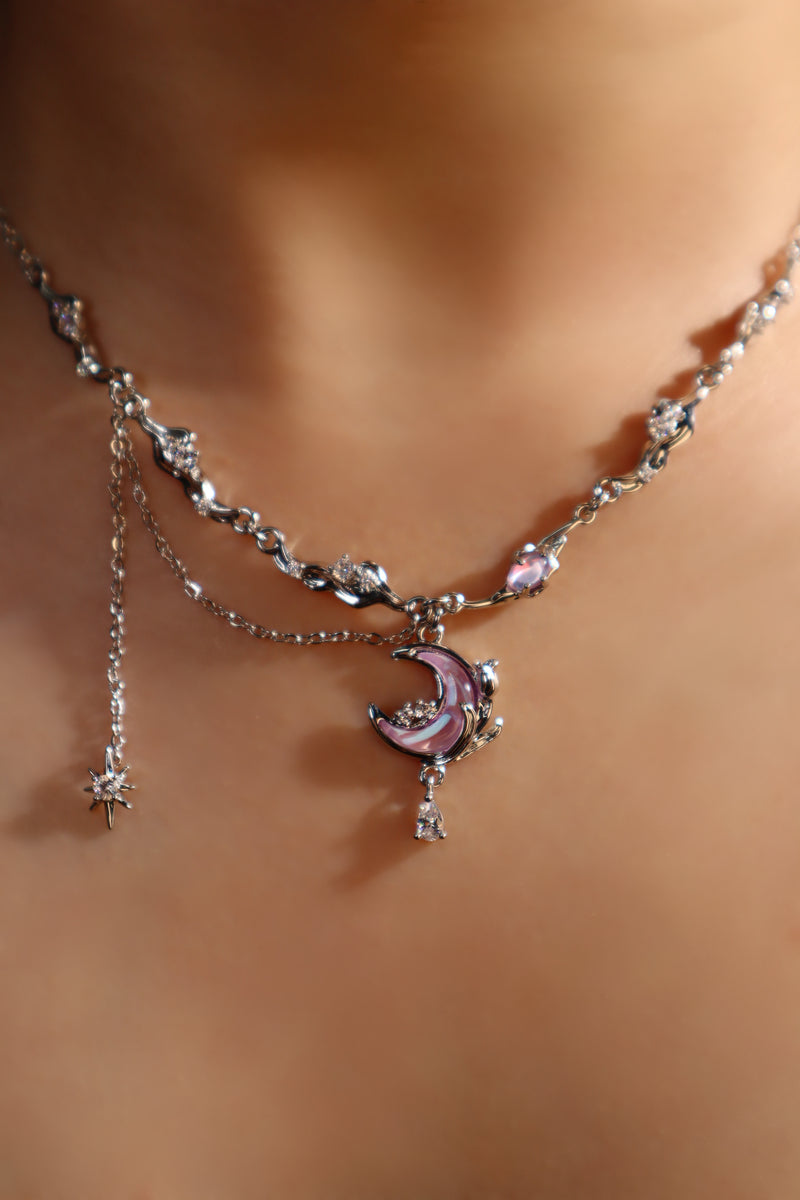 Palladium white gold plated rose moon necklace with glowing moonstone and zirconia diamonds