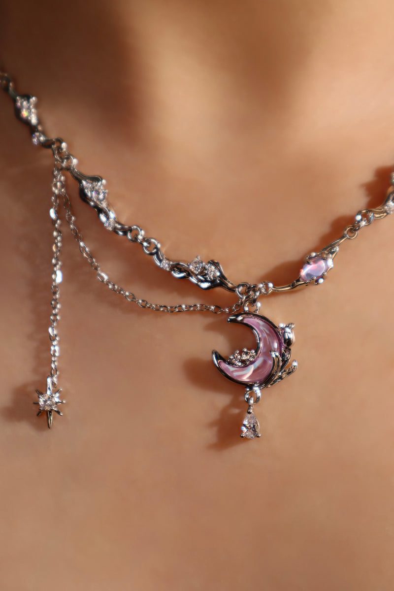 Palladium white gold plated rose moon necklace with glowing moonstone and zirconia diamonds