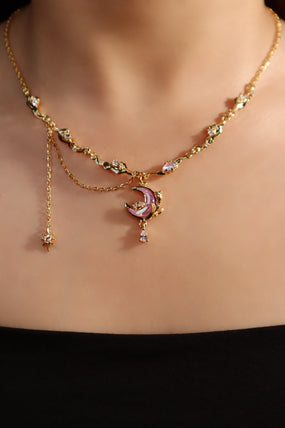 18K Real Gold Plated Sparkle Rose Moon Necklace
