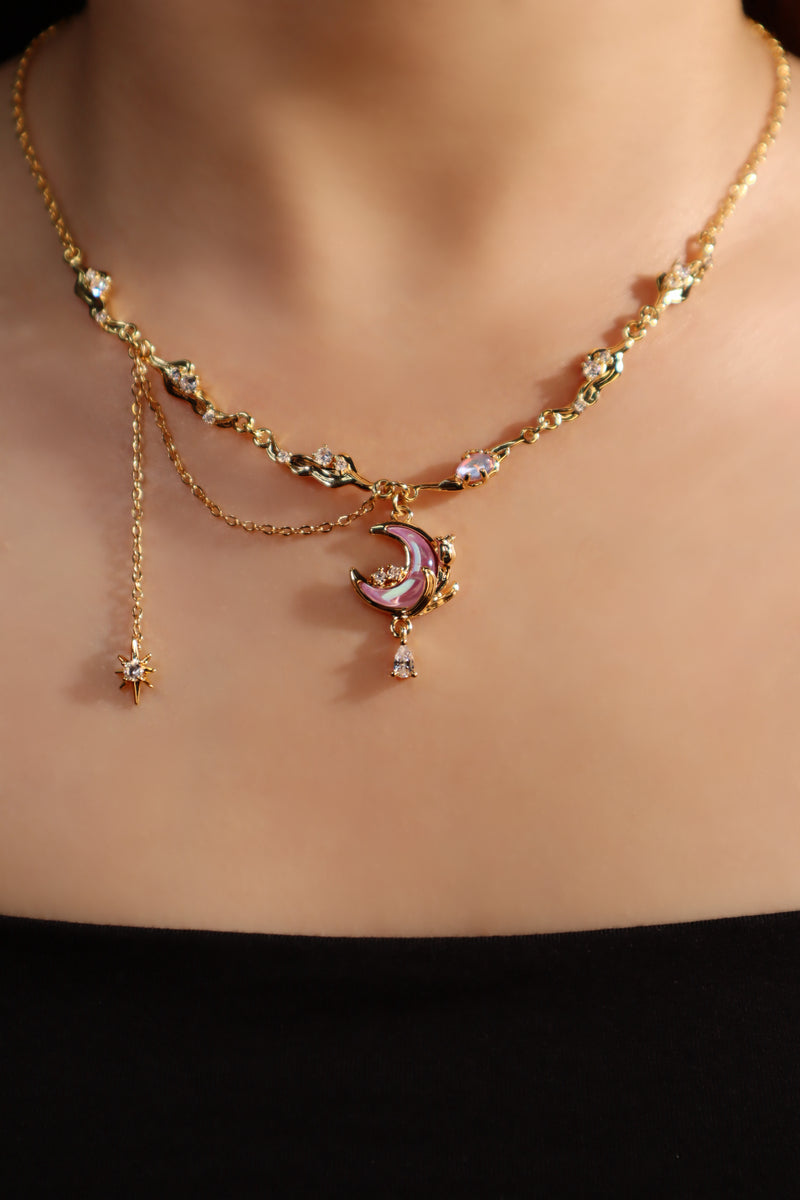 18K gold-plated rose moon necklace with glowing moonstone and zirconia diamonds