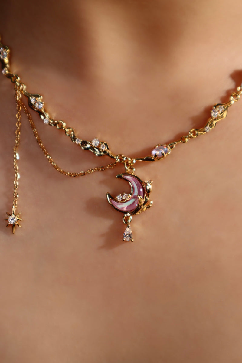 18K gold-plated rose moon necklace with glowing moonstone and zirconia diamonds
