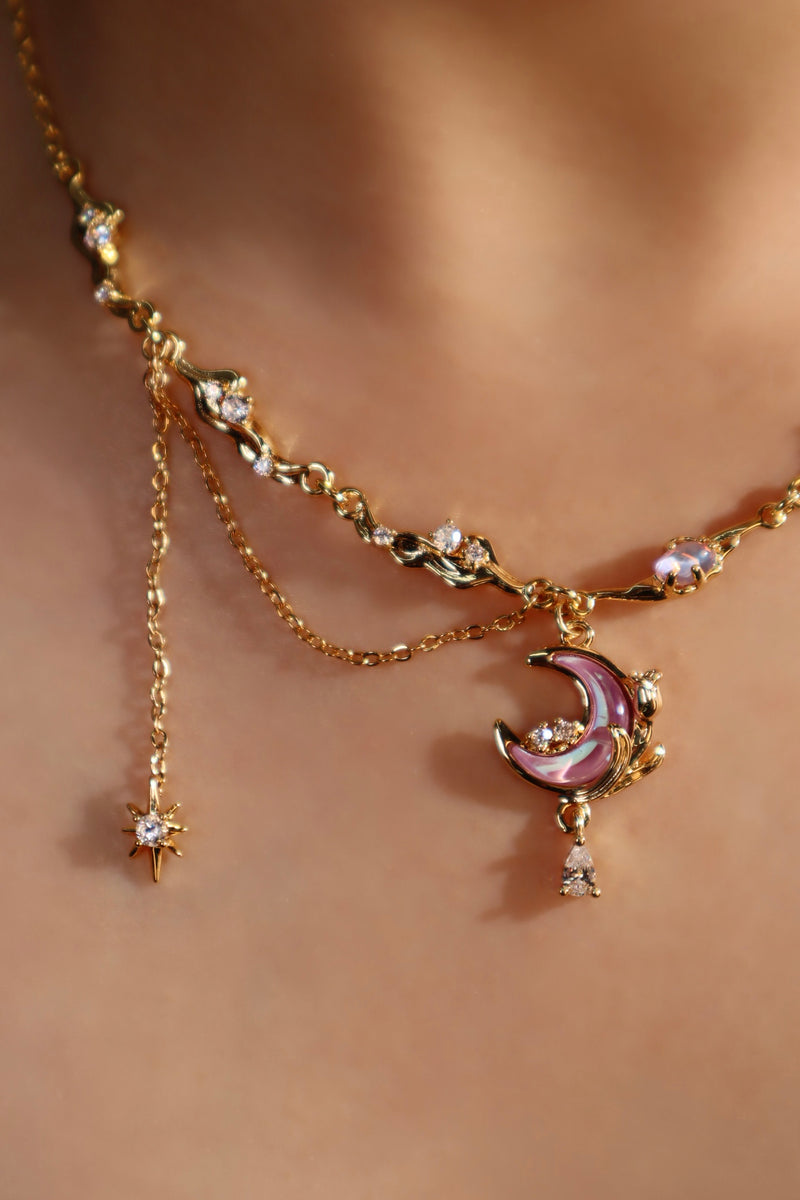 18K gold-plated rose moon necklace with glowing moonstone and zirconia diamonds