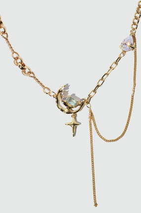 18K Real Gold Plated Blue Gem Moon Star Necklace