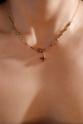 18K Real Gold Plated Ruby Starlight Bloom Cross Necklace