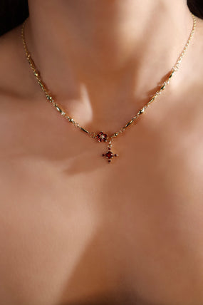 18K Real Gold Plated Ruby Starlight Bloom Cross Necklace