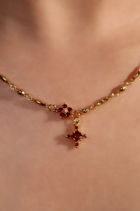 18K Real Gold Plated Ruby Starlight Bloom Cross Necklace