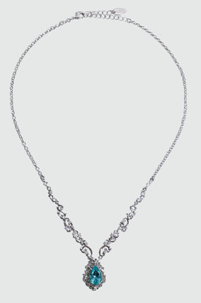 Palladium White Gold Plated Blue Gem Droplet Lace Necklace