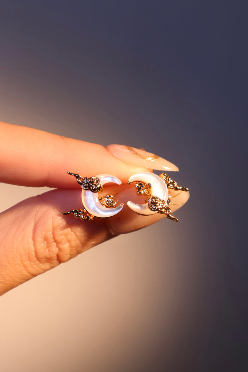 18K gold plated crescent moon earrings with white natural shell on sterling silver pins