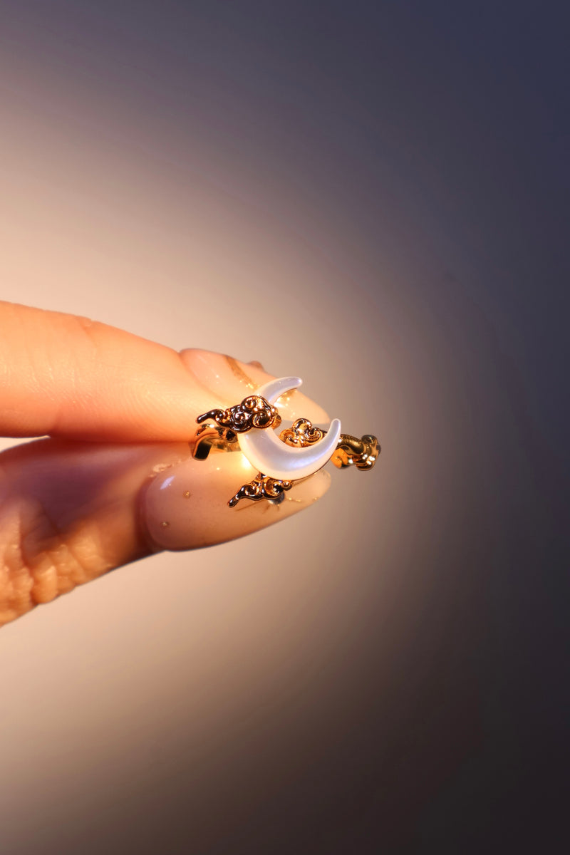 18K gold plated adjustable ring with a white natural shell crescent moon