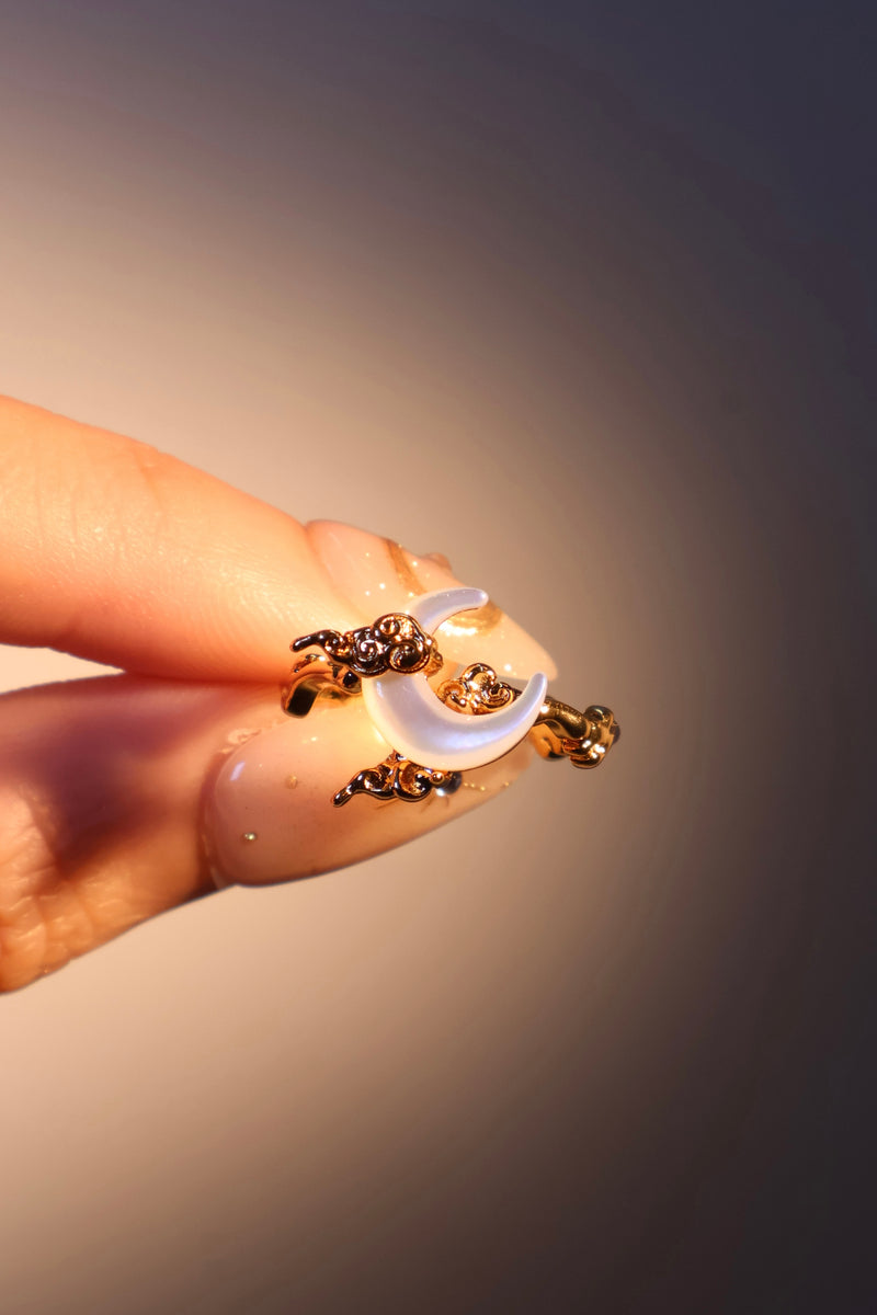 18K gold plated adjustable ring with a white natural shell crescent moon