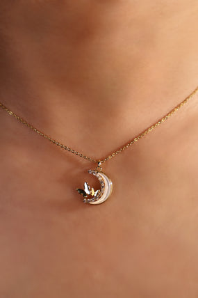 14K Real Gold Plated Diamond Moon Butterfly Necklace