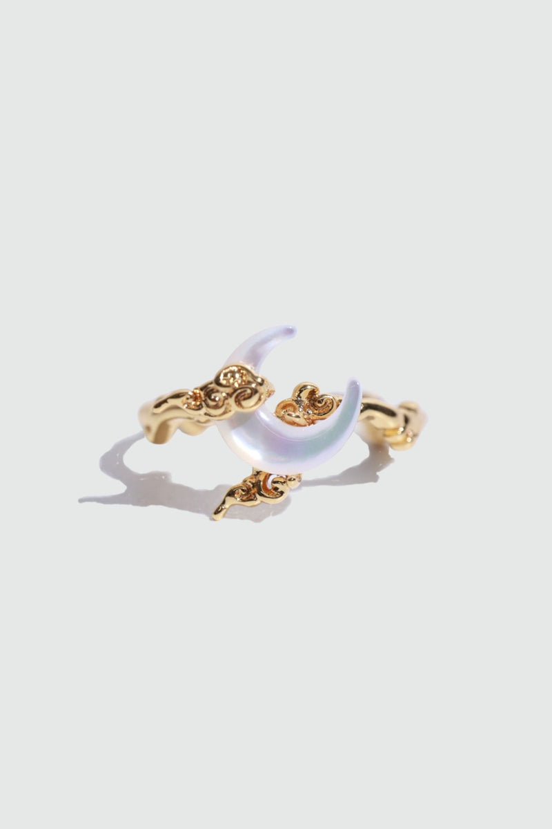 18K gold plated adjustable ring with a white natural shell crescent moon