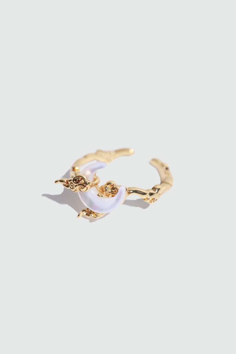 18K gold plated adjustable ring with a white natural shell crescent moon