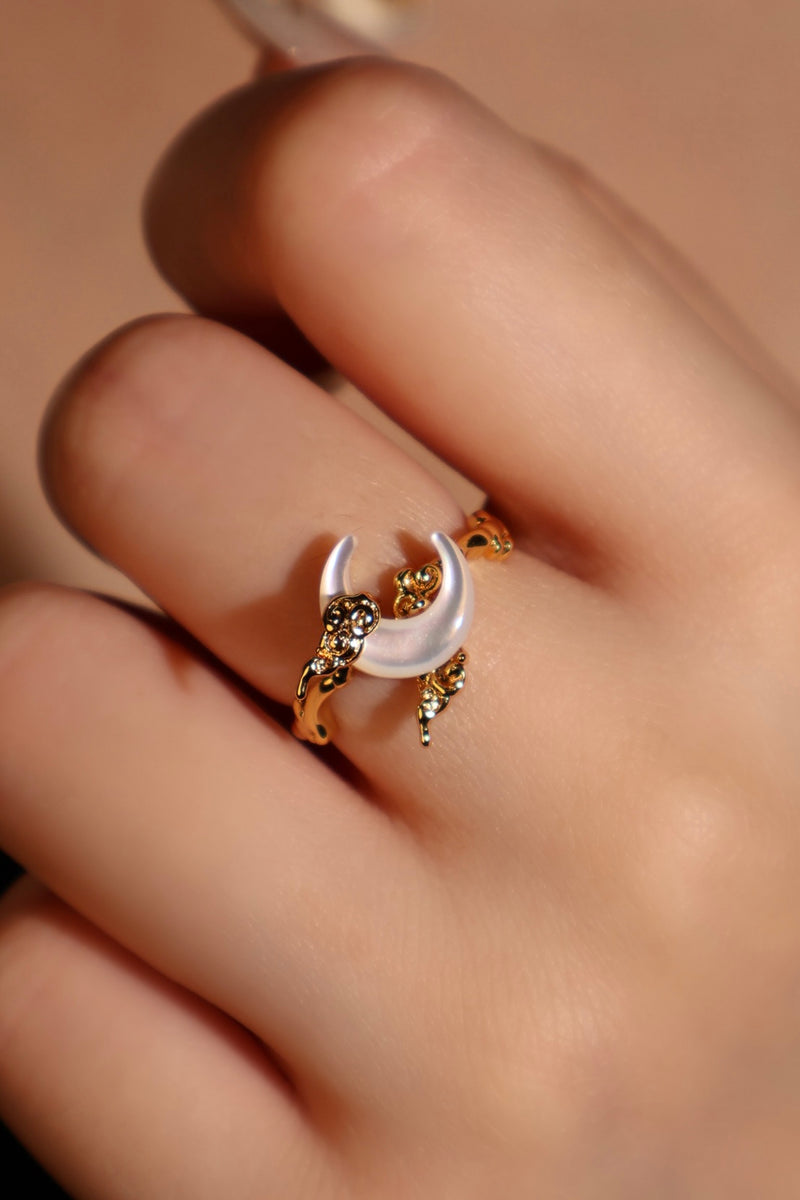 18K gold plated adjustable ring with a white natural shell crescent moon