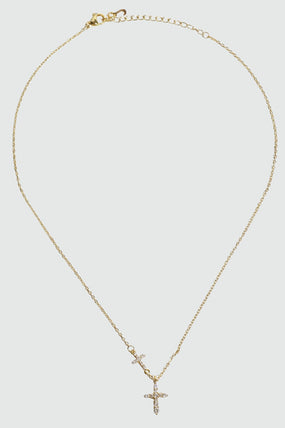 18K gold plated necklace with two zirconia crosses on a single dainty chain