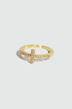 18K gold plated adjustable cross ring set with zirconia diamond stones