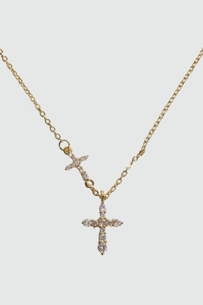18K gold plated necklace with two zirconia crosses on a single dainty chain