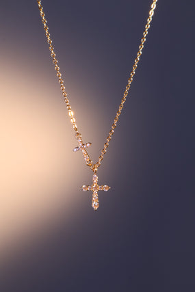 18K gold plated necklace with two zirconia crosses on a single dainty chain