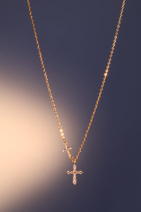 18K gold plated necklace with two zirconia crosses on a single dainty chain