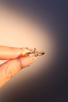 18K gold plated adjustable cross ring set with zirconia diamond stones