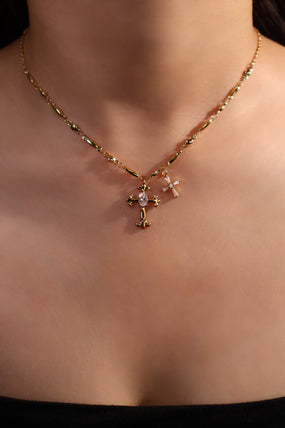 18K gold plated cross and star pendant necklace with cubic zirconia on a dainty chain