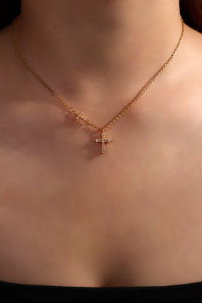 18K gold plated necklace with two zirconia crosses on a single dainty chain