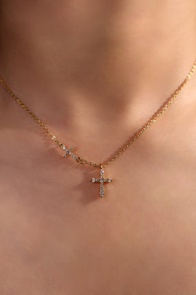 18K gold plated necklace with two zirconia crosses on a single dainty chain