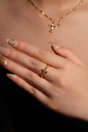 18K gold plated adjustable cross ring set with zirconia diamond stones