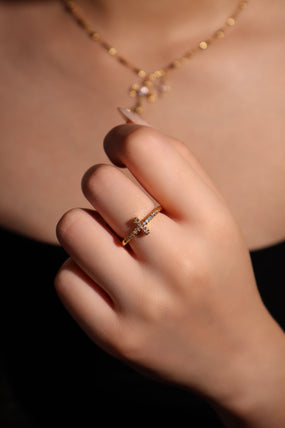 18K gold plated adjustable cross ring set with zirconia diamond stones