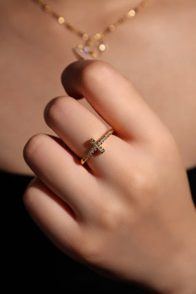 18K gold plated adjustable cross ring set with zirconia diamond stones