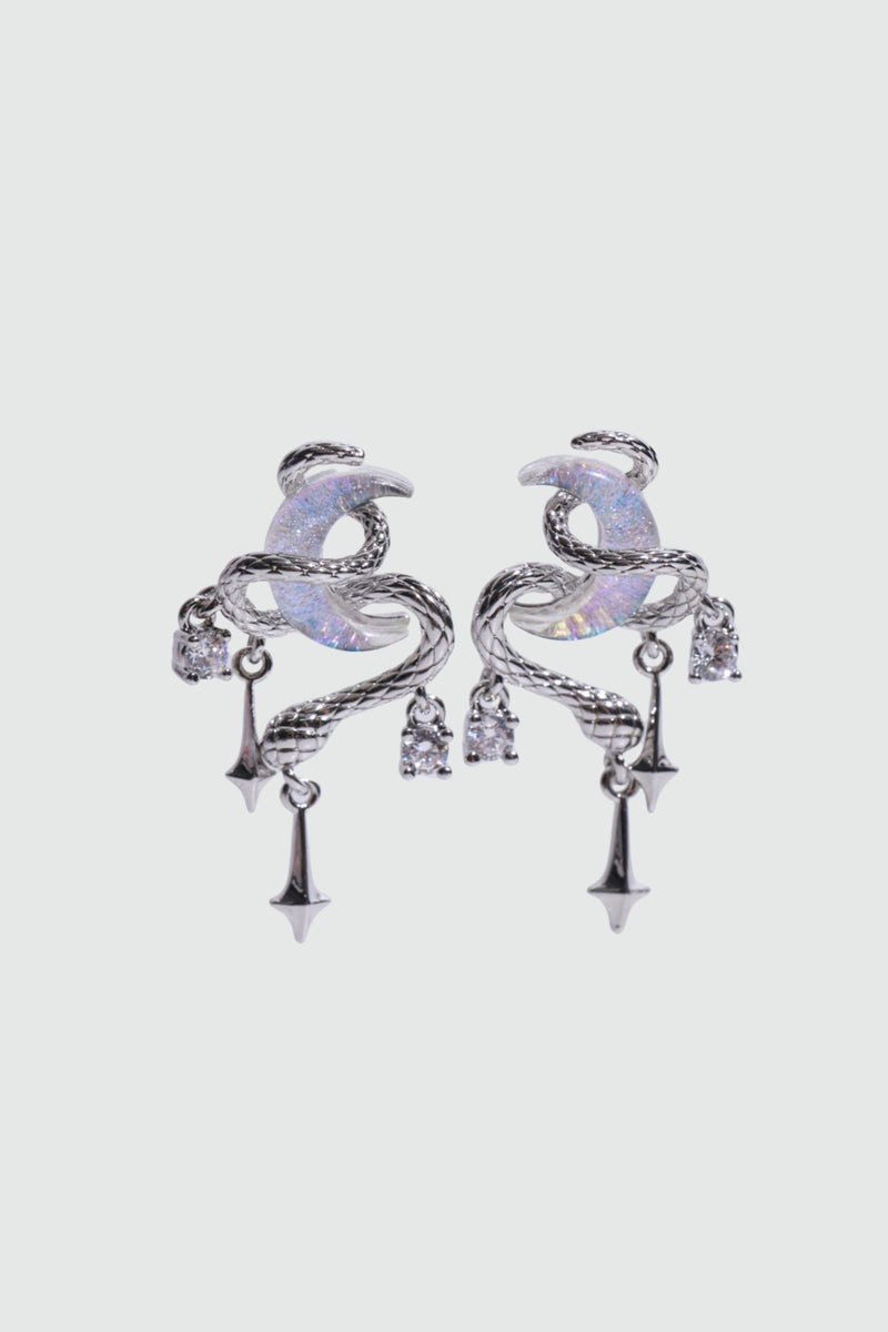 Palladium White Gold Plated Moon Snake Earrings