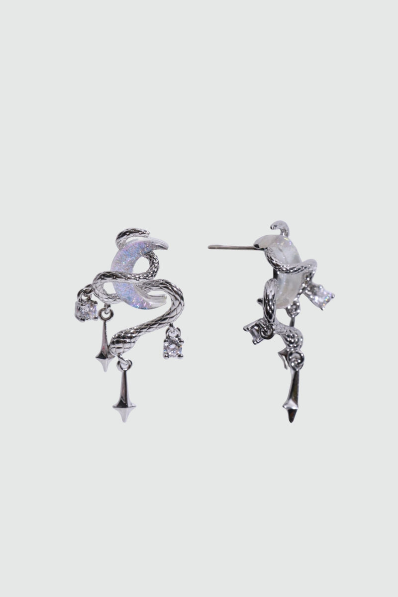 Palladium White Gold Plated Moon Snake Earrings