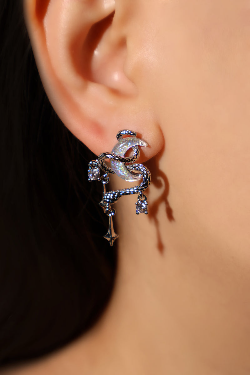 Palladium White Gold Plated Moon Snake Earrings