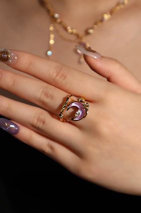 18K Real Gold Plated Moonstone Rose Moon Ring