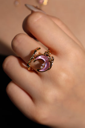 18K Real Gold Plated Moonstone Rose Moon Ring