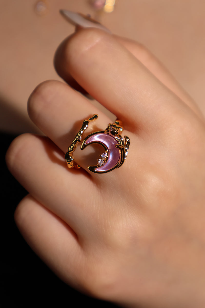 18K Real Gold Plated Moonstone Rose Moon Ring