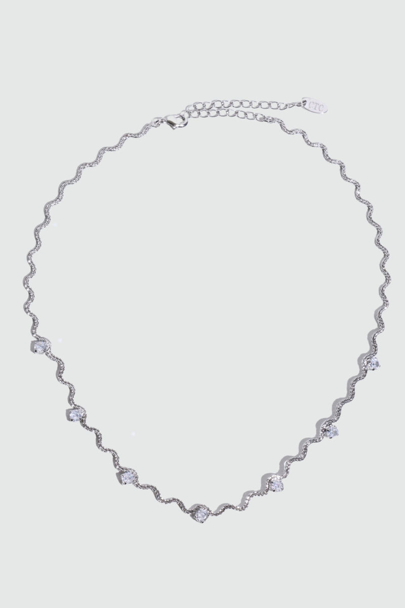 Palladium White Gold Plated Diamond Wave Necklace