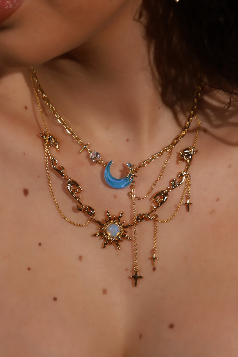 18K gold plated sun necklace with a radiant zirconia opal pendant