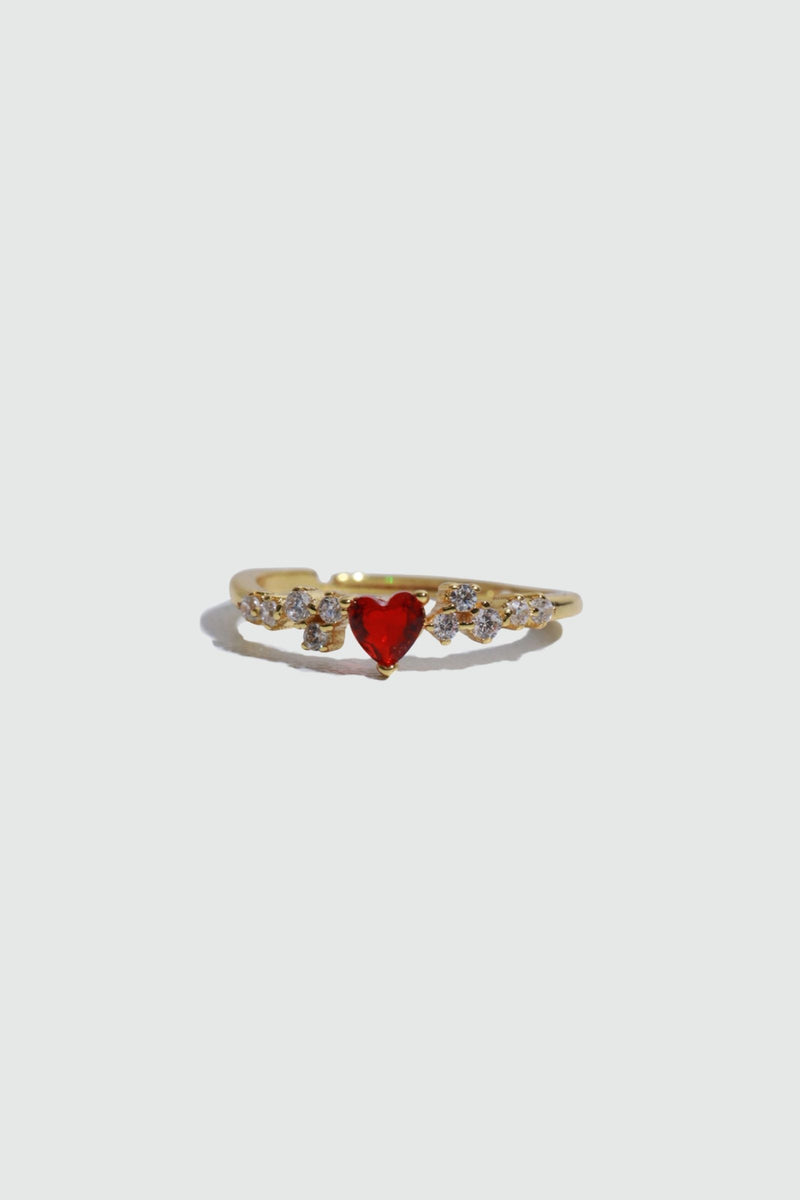 18K gold plated ring with a red crimson heart gemstone and sparkling zirconia on an adjustable band