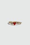 18K gold plated ring with a red crimson heart gemstone and sparkling zirconia on an adjustable band