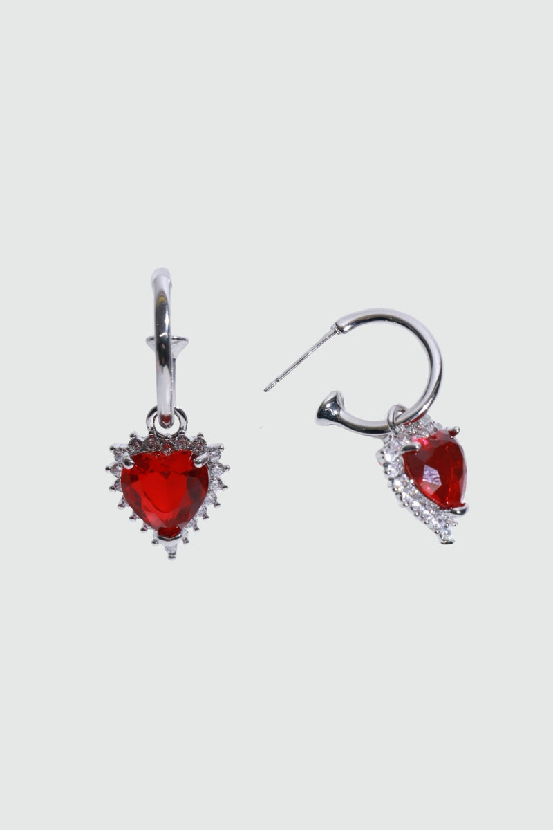 Palladium white gold plated red heart gemstone earrings with zirconia on sterling silver pins